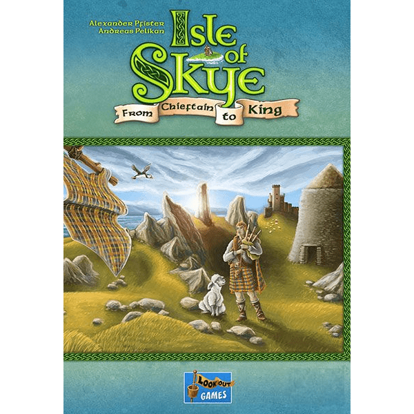 The Isle of Skye: From Chieftain to King board game by Lookout Games features a cover with a kilted man, his white dog, bagpipes, and a ruined castle on grassy cliffs, highlighting the game’s epic Scottish strategy theme.