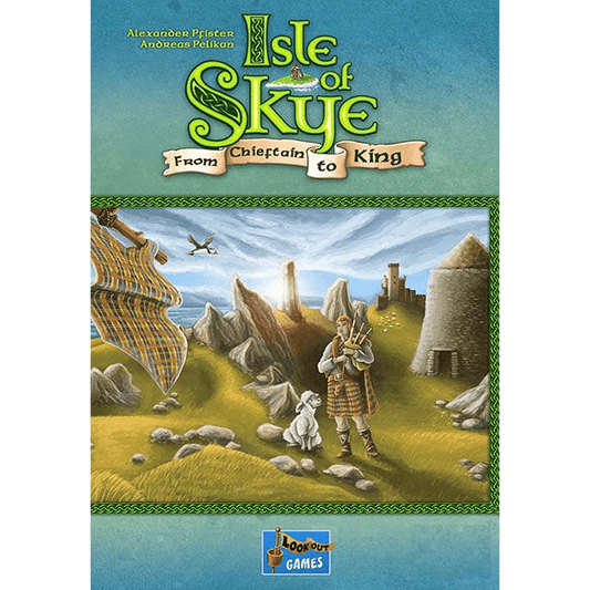 The Isle of Skye: From Chieftain to King board game by Lookout Games features a cover with a kilted man, his white dog, bagpipes, and a ruined castle on grassy cliffs, highlighting the game’s epic Scottish strategy theme.