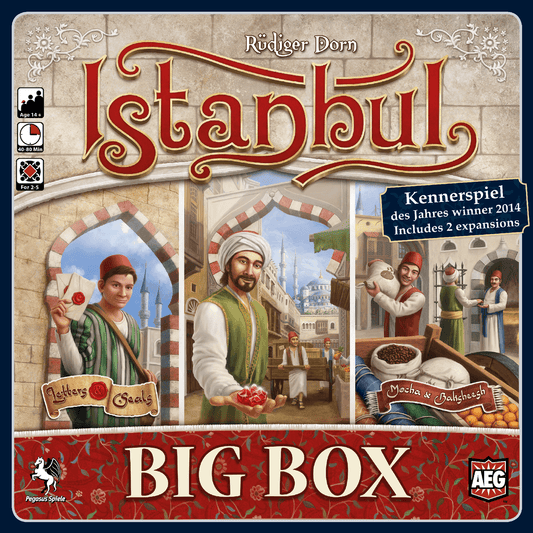 Cover of Istanbul: Big Box EN/DE by Pegasus Spiele, featuring merchants in Turkish attire within a bustling market scene. Showcases the award-winning board game and its included expansions.