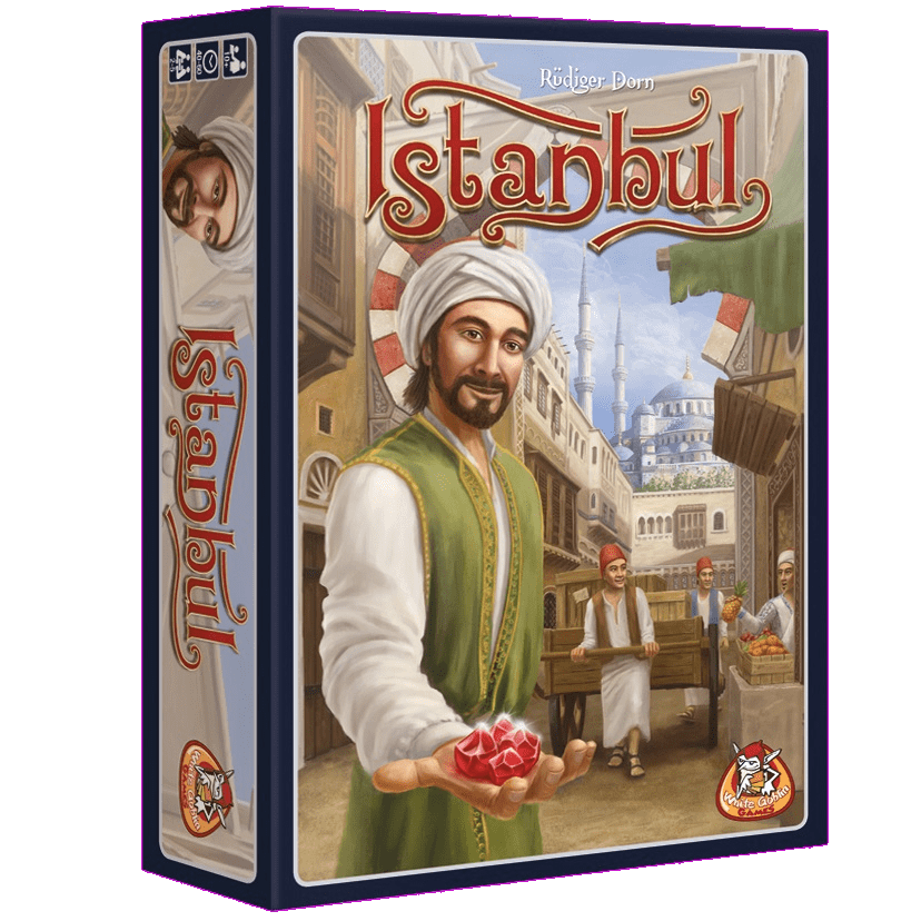 Box cover of White Goblin Games' Istanbul NL shows a smiling man in Ottoman attire with a ruby, set in a lively market with a mosque. Strategisch spel van edelstenen verzamelen. Winnaar van de Nederlandse Spellenprijs.