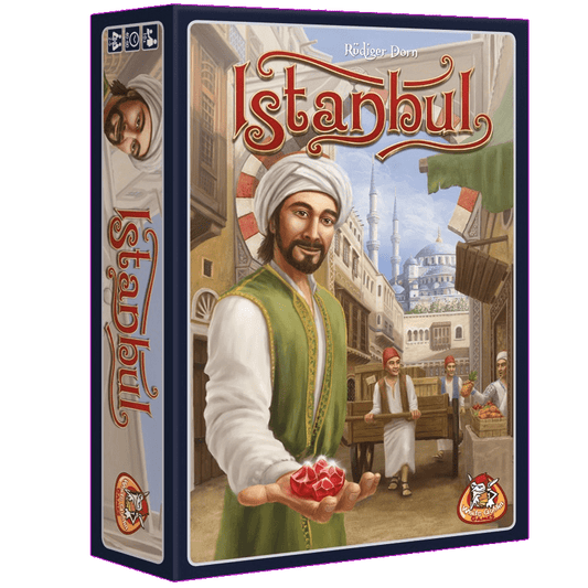 Box cover of White Goblin Games' Istanbul NL shows a smiling man in Ottoman attire with a ruby, set in a lively market with a mosque. Strategisch spel van edelstenen verzamelen. Winnaar van de Nederlandse Spellenprijs.