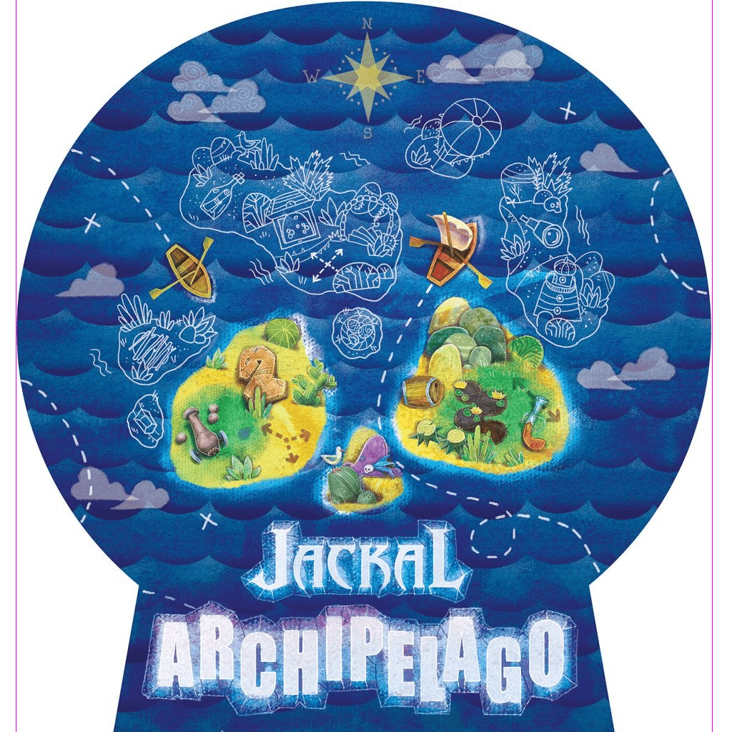 Jackal Archipelago by Magellan Games features an illustrated map of two islands with boats, pirate board game elements, exploration markers, and whimsical sea creatures on a blue ocean. "Jackal Archipelago" is displayed at the bottom amid treasure hints.