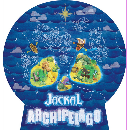 Jackal Archipelago by Magellan Games features an illustrated map of two islands with boats, pirate board game elements, exploration markers, and whimsical sea creatures on a blue ocean. "Jackal Archipelago" is displayed at the bottom amid treasure hints.