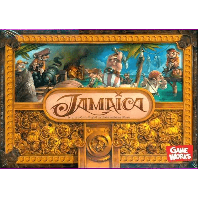 Board game box for Jamaica EN/DE/FR/NL by GameWorks, featuring cartoon pirates, treasure, coins, ships, the game title centered, and the GameWorks logo in the bottom right corner.