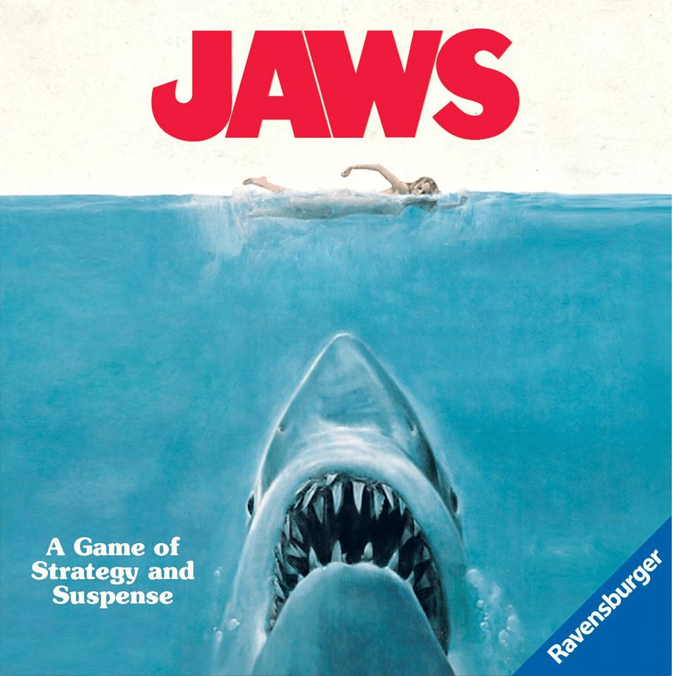 A giant shark swims upward toward a woman on the ocean’s surface, evoking suspense. The bold red “JAWS” title is above, with “A Game of Strategy and Suspense” below—experience the thrill of Ravensburger’s Jaws board game.