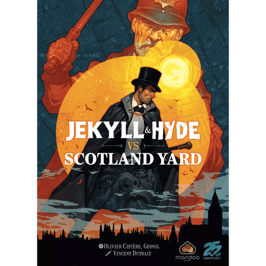 The cover for Mandoo Games' Jekyll & Hyde vs Scotland Yard shows a shadowy man in a hat and trench coat following another in Victorian dress, set in a bat-filled cityscape below the bold title. It’s a co-op trick-taking board game.