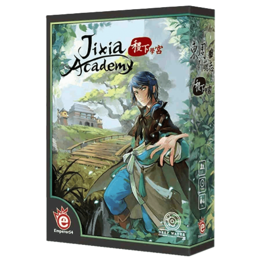 Box cover for the dueling card game "Jixia Academy" by EmperorS4, showing an anime-style character in blue and brown clothes, standing in a lush garden with trees and a building, evoking Hanamikoji's elegant style.