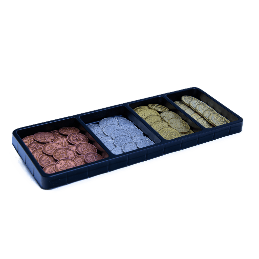 A black tray with four compartments holds stacks of copper, silver, gold, and bronze metal coins from the John Company Second Edition Metal Coins set by Wehrlegig Games—ideal board game accessories on a white background.