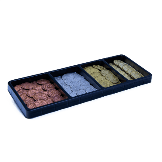 A black tray with four compartments holds stacks of copper, silver, gold, and bronze metal coins from the John Company Second Edition Metal Coins set by Wehrlegig Games—ideal board game accessories on a white background.