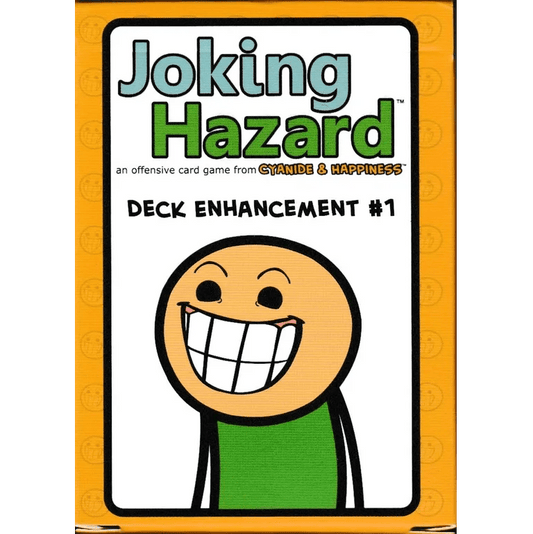 The box cover of Breaking Games' Joking Hazard: Deck Enhancement Expansions Bundle features a cartoon character with a wide, toothy grin on a yellow background, with the expansion name displayed boldly above.