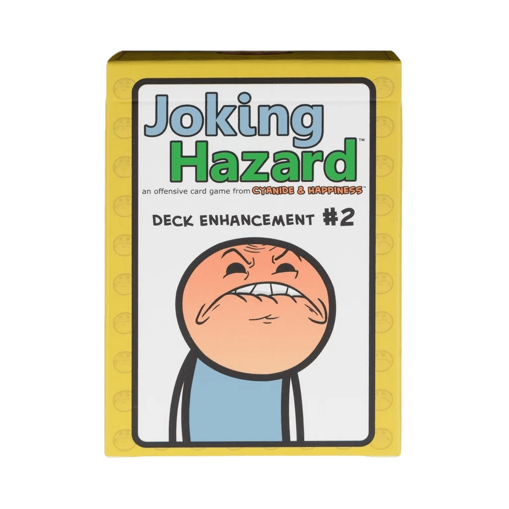 A yellow box for Joking Hazard: Deck Enhancement #2 Expansion by Breaking Games. The box shows a cartoon character with an exaggerated, uncomfortable face, matching the comic-based card game's quirky theme.