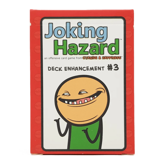 The image displays a red box of Joking Hazard: Deck Enhancement #3 Expansion by Breaking Games, featuring a cartoon character with an exaggerated grin on the front.