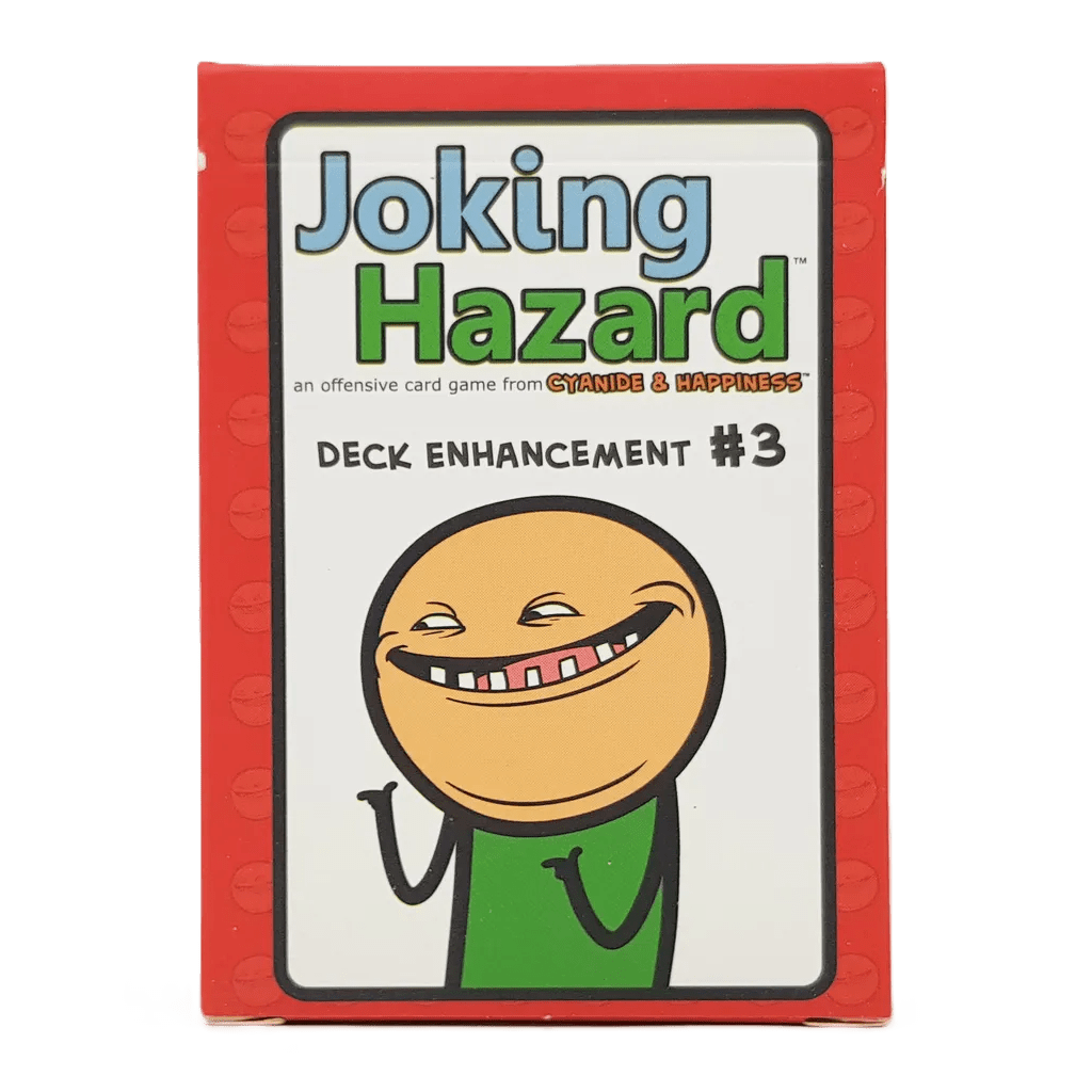 The image displays a red box of Joking Hazard: Deck Enhancement #3 Expansion by Breaking Games, featuring a cartoon character with an exaggerated grin on the front.