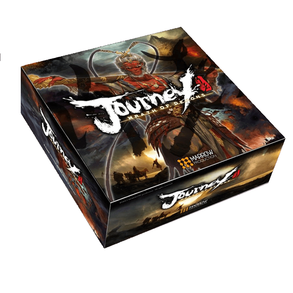 The Journey Wrath of the Demons board game by Marrow Productions showcases dynamic fantasy art of a white-haired, red-marked warrior facing the imposing Bull Demon King against a stormy backdrop.