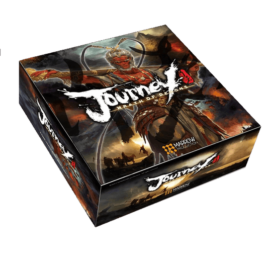 The Journey Wrath of the Demons board game by Marrow Productions showcases dynamic fantasy art of a white-haired, red-marked warrior facing the imposing Bull Demon King against a stormy backdrop.