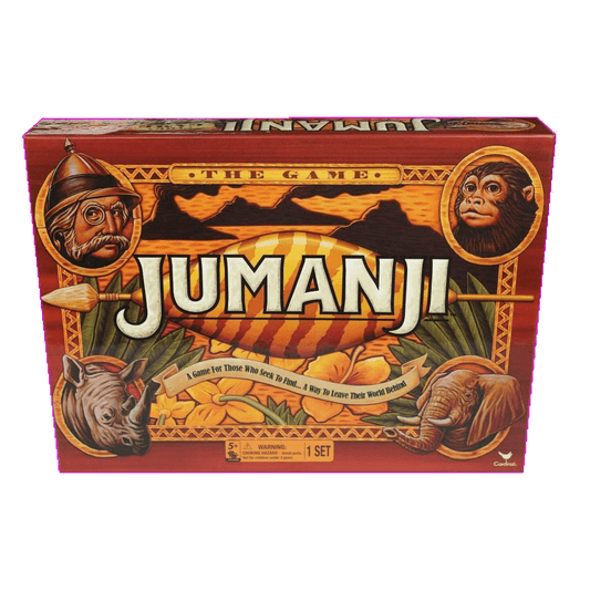 The image shows the Jumanji board game box by Cardinal, a jungle adventure game with animal illustrations—monkey, elephant, rhino, and lion—surrounding the bold “JUMANJI” title and an arrow against a lush jungle background.