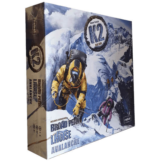 The K2: Big Box by Rebel features climbers in yellow and blue gear on a snowy peak, and includes the K2 board game plus its Broad Peak and Lhotse Avalanche expansions.