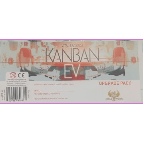 Box cover of the Kanban EV: Upgrade Pack by Eagle-Gryphon Games. Abstract car and factory art showcase included SpeedCharger Expansion, Special Garage Tile Expansion, and extra game components.
