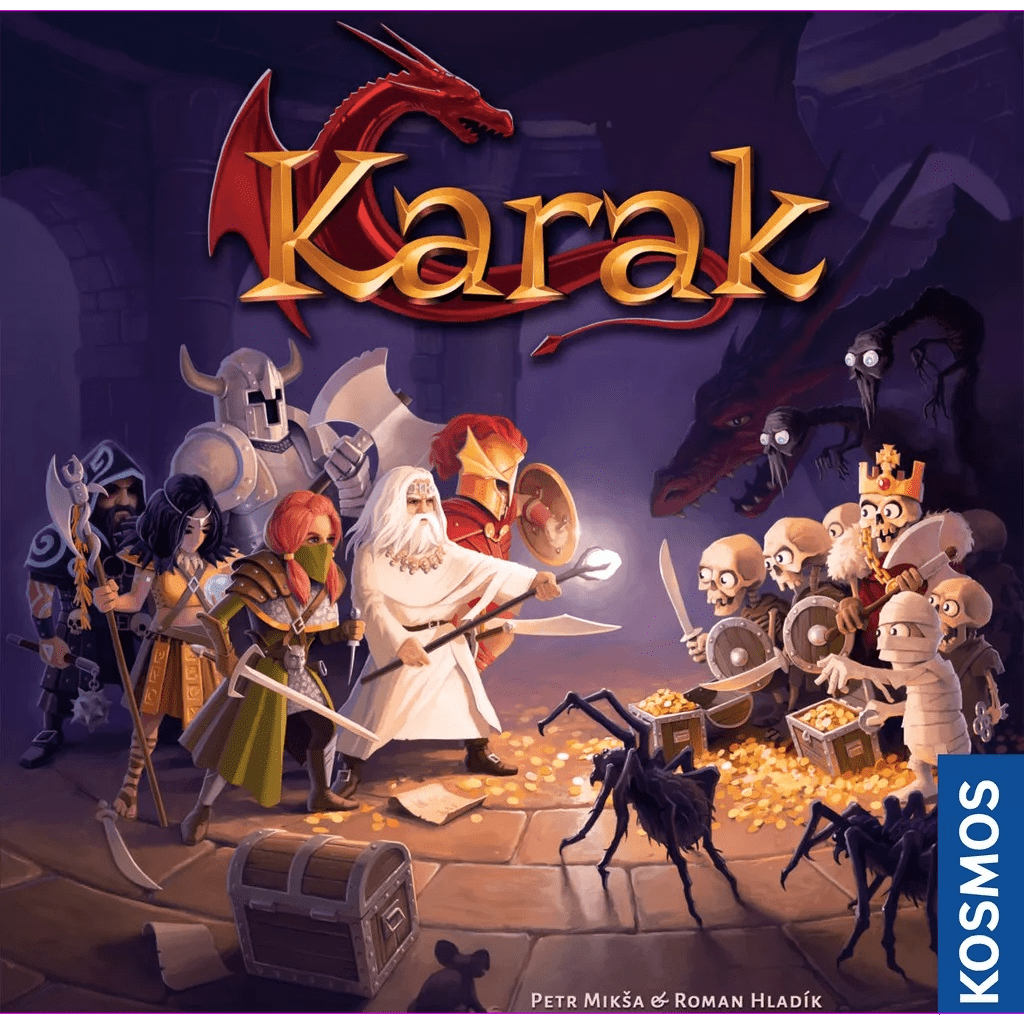 Six fantasy heroes battle skeletons and monsters in treasure-filled dungeons in the Karak board game by Kosmos. A red dragon looms over the title, setting an adventurous medieval tone for this classic dungeon crawler.