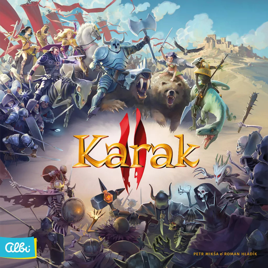 A fantasy battle from the children’s board game Karak II EN/DE/FR by Albi, with armored warriors, beasts, and magical creatures clashing. The title is centered, a castle behind, and the blue Albi logo in the corner.