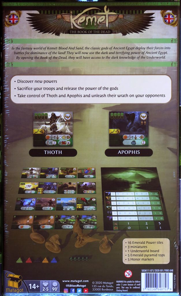 Back of the Matagot Kemet: Blood and Sand: Book of the Dead Expansion box, showing game components, Thoth and Apophis cards, icons, and gameplay features on a brown background.