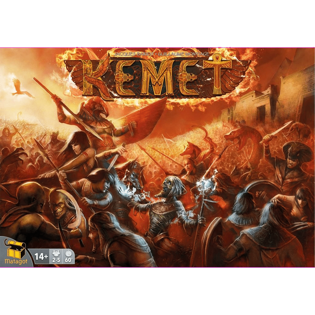 The board game cover for "Kemet" by Matagot features an intense Egyptian battle scene with armored warriors, mythical beasts, mystical powers, and fiery imagery. The game's title is displayed at the top in bold, golden letters.