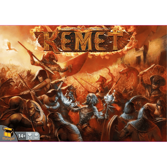 The board game cover for "Kemet" by Matagot features an intense Egyptian battle scene with armored warriors, mythical beasts, mystical powers, and fiery imagery. The game's title is displayed at the top in bold, golden letters.