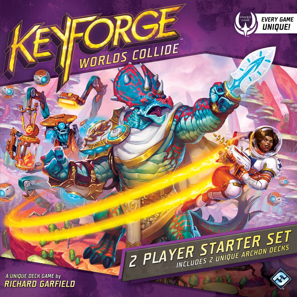 The cover of Fantasy Flight Games’ KeyForge: Worlds Collide 2 Player Starter Set shows a blue-armored dinosaur vs. a futuristic astronaut on an alien world, highlighting this Unique Deck Game’s thrilling Archon Deck battles for two players.