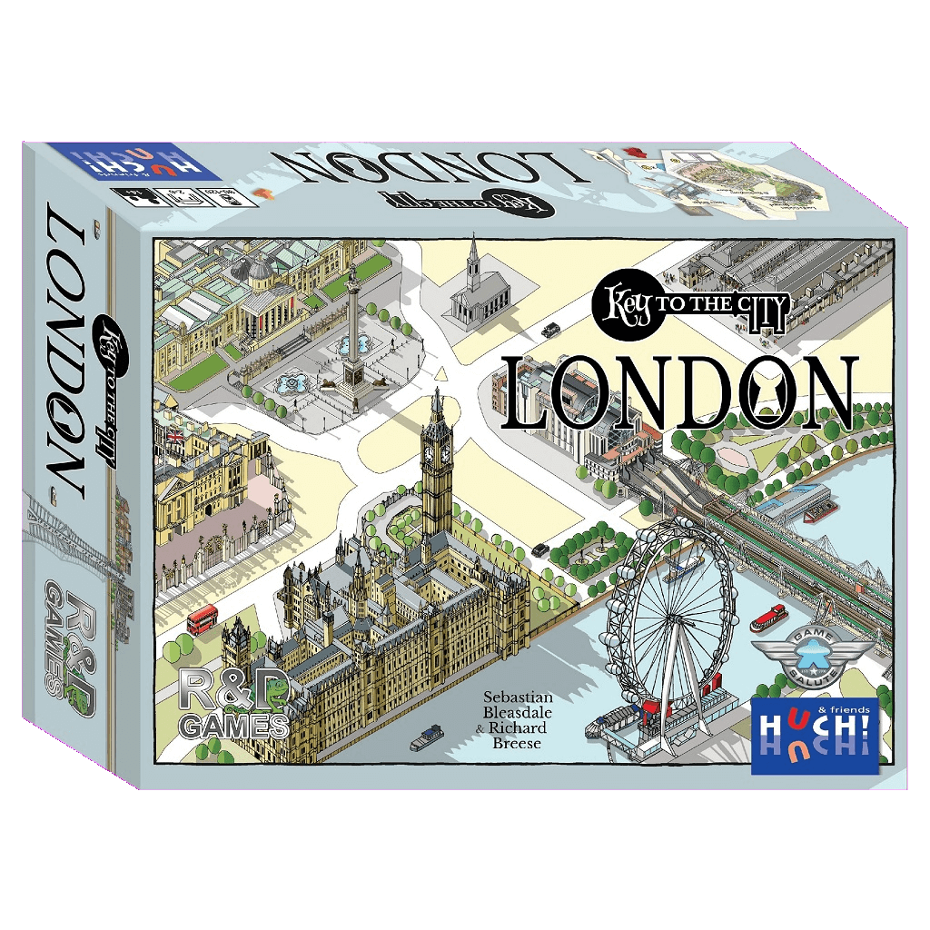 The Huch Key to the City London board game box features illustrated London landmarks like Big Ben and the London Eye, location tiles, and a vibrant city map design. The box displays the Huch brand logo.