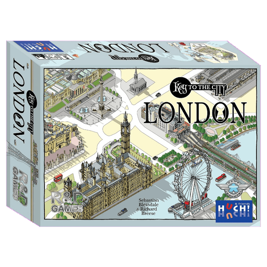 The Huch Key to the City London board game box features illustrated London landmarks like Big Ben and the London Eye, location tiles, and a vibrant city map design. The box displays the Huch brand logo.
