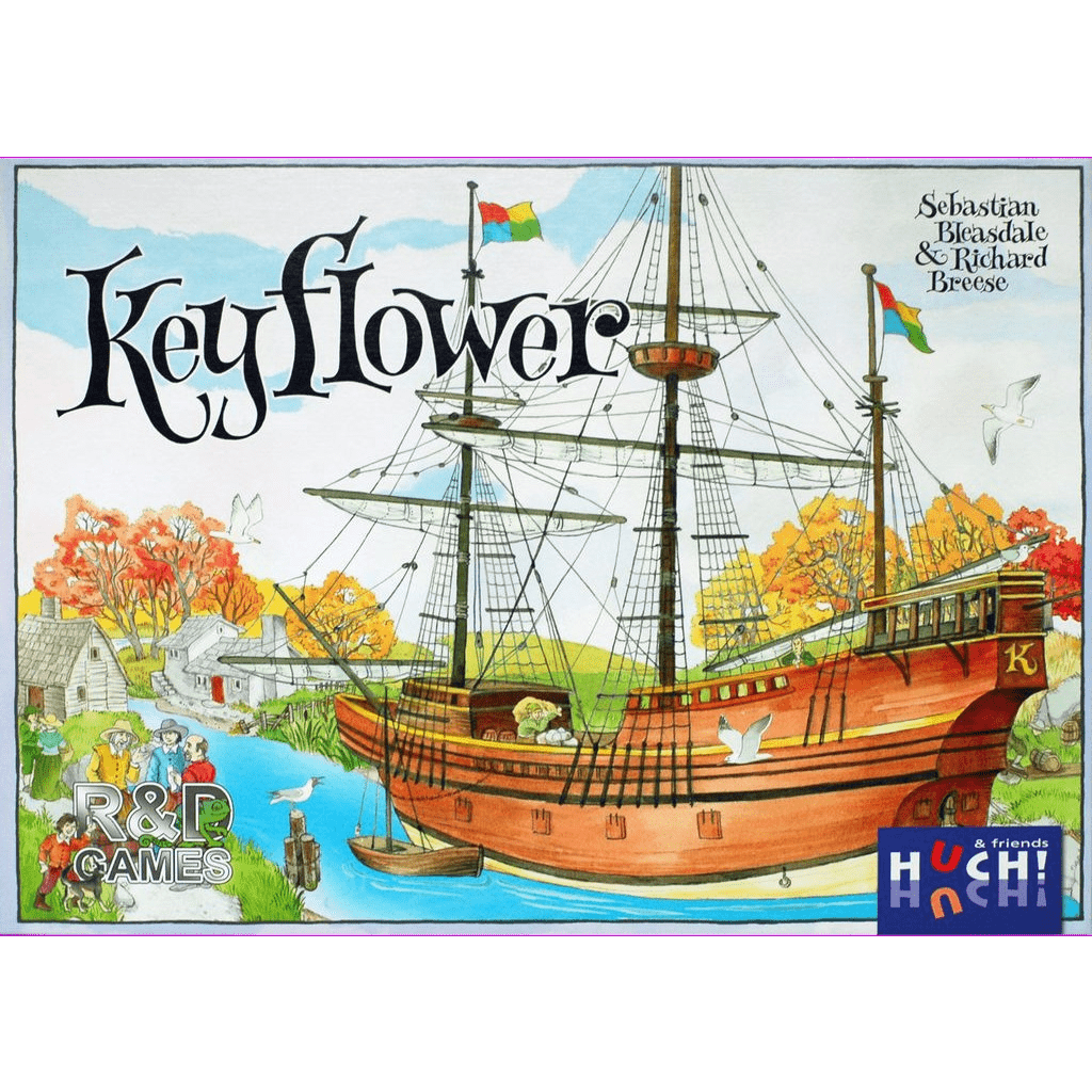 The Keyflower EN/NL/DE/FR board game by Huch features a cover with a large wooden ship by an autumnal village, highlighting this unique resource management and strategy game.