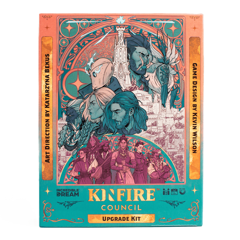Box cover for Kinfire Council: Upgrade Kit by Incredible Dream Studios, with fantasy character illustrations, ornate borders, a castle tower backdrop, gold accents framing deluxe wooden tokens, and credits to the art director and game designer.