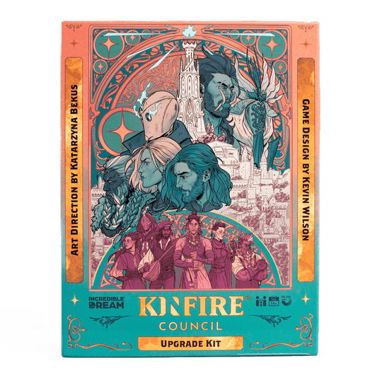 Box cover for Kinfire Council: Upgrade Kit by Incredible Dream Studios, with fantasy character illustrations, ornate borders, a castle tower backdrop, gold accents framing deluxe wooden tokens, and credits to the art director and game designer.