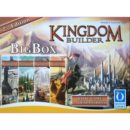 The image displays the box cover for Kingdom Builder: Big Box Second Edition from Queen Games, featuring medieval artwork and noting that it includes the base game plus four expansions: Nomads, Crossroads, Marshlands, and Harvest.