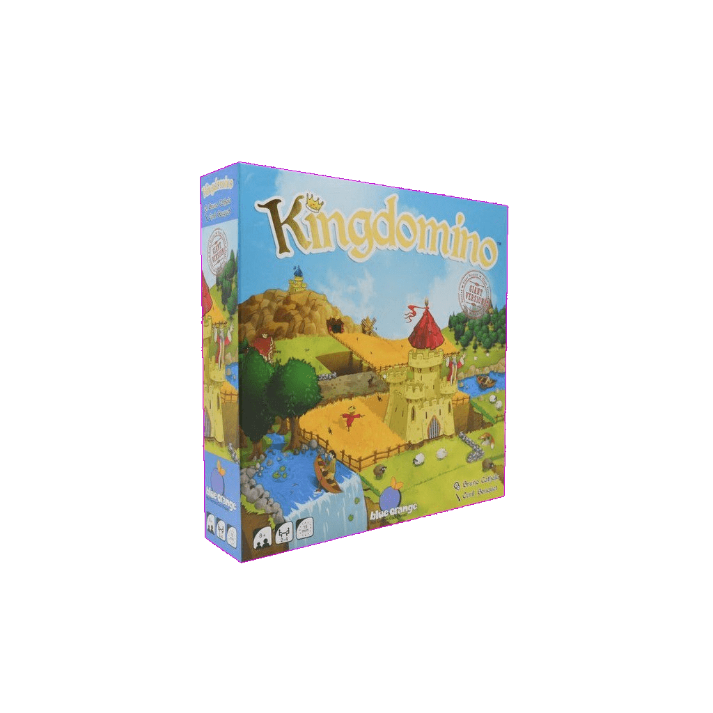 The image shows the box for Kingdomino Giant Version Multilingual by Blue Orange. The cover features a whimsical kingdom with a castle, river, fields, and dragon. "Kingdomino" appears in large, colorful letters at the top.