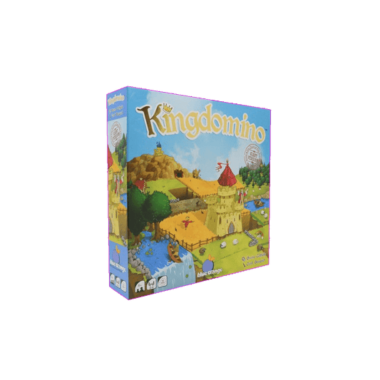 The image shows the box for Kingdomino Giant Version Multilingual by Blue Orange. The cover features a whimsical kingdom with a castle, river, fields, and dragon. "Kingdomino" appears in large, colorful letters at the top.
