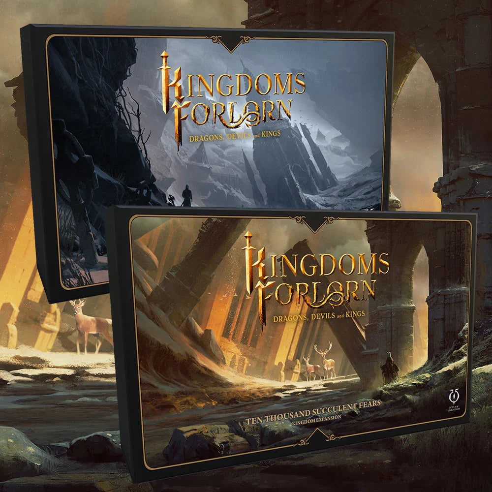 Two boxes of Kingdoms Forlorn Elite Core Game Pledge with Princess Slawia and Little Ser Add-On by Into the Unknown are shown, featuring fantasy art of ruined stone arches, dramatic landscapes, and golden light through ancient structures.