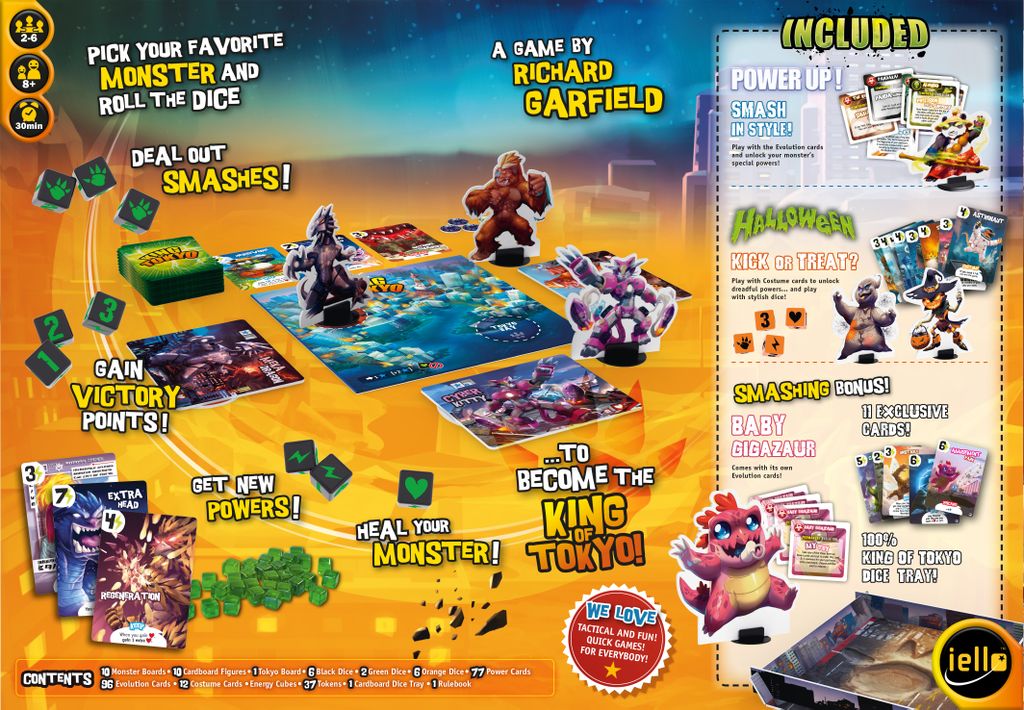 King of Tokyo: Monster Box by Iello displays monster figures, dice, cards, tokens, and energy cubes on a vibrant board. Game contents and bonuses are highlighted around the image.