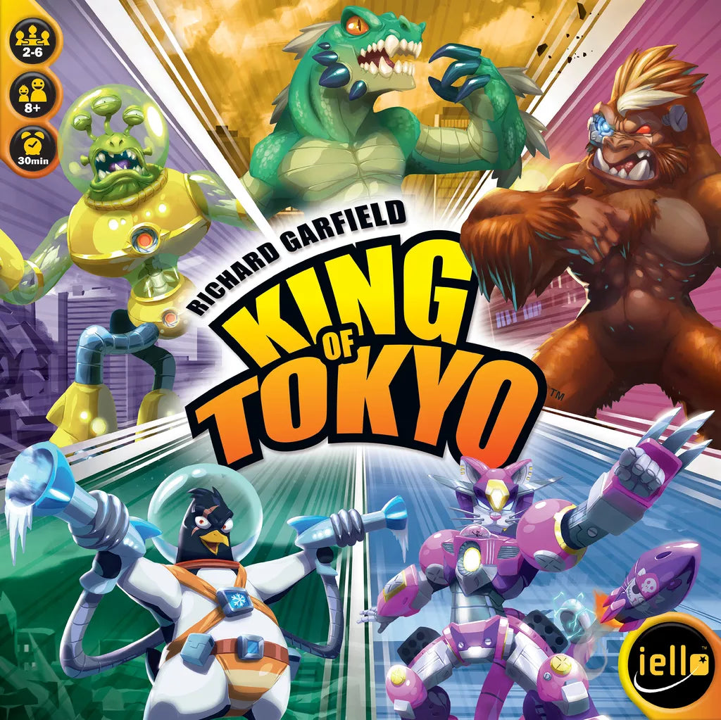 The cover of King of Tokyo by Iello showcases vibrant cartoon monsters—a robot, lizard, gorilla, and alien—set against a cityscape, with the bold yellow and orange game title prominently displayed in the center.