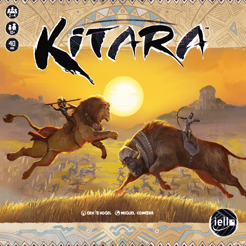 Box art for Kitara by Iello: A warrior on a lion leaps at another on a horned beast amid sunset and ancient ruins, with smaller figures in battle below and tribal patterns framing the action-packed strategy game scene.