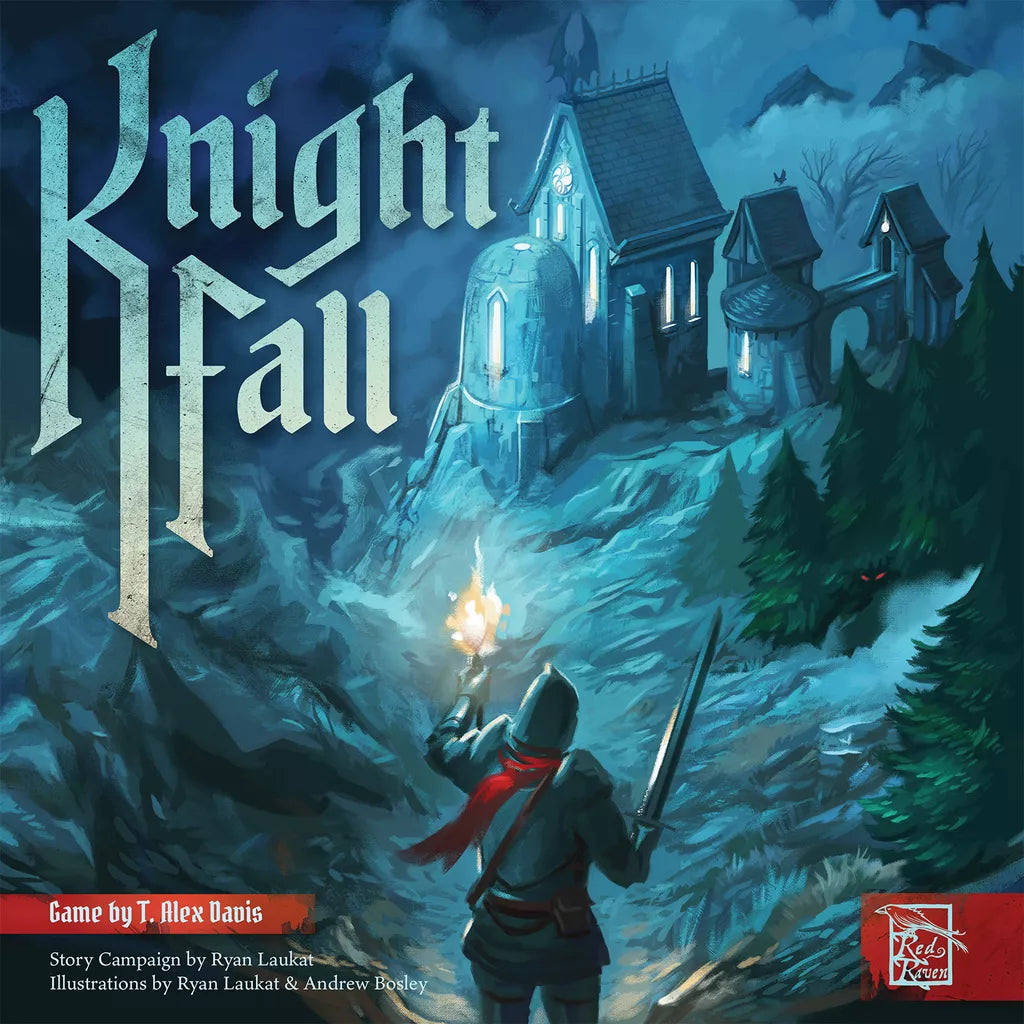 A holy knight in armor holding a torch approaches a mysterious castle at night, with an underworld portal nearby. "Knight Fall" by Red Raven Games is written in large letters above the scene.