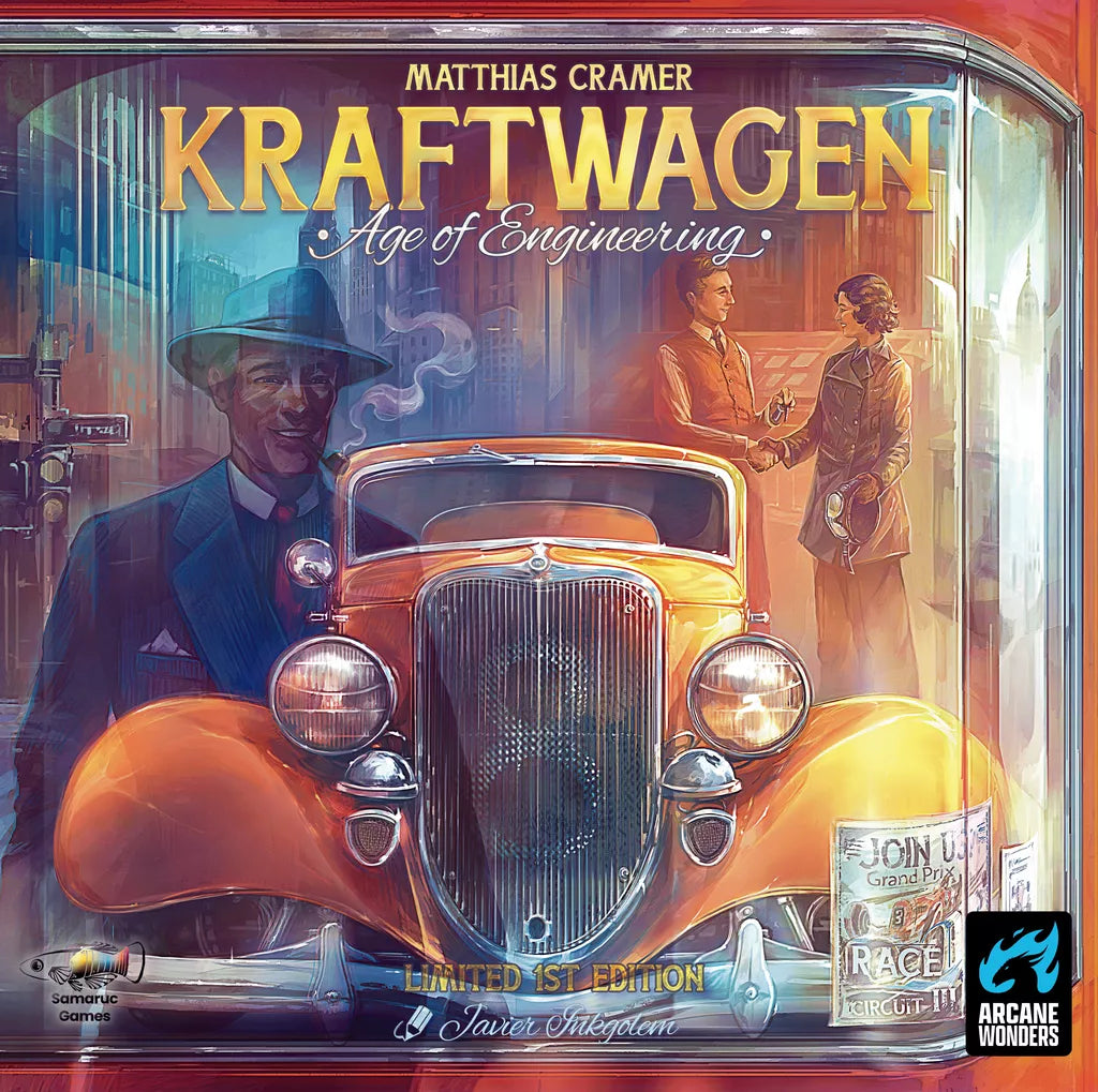 Box cover for Kraftwagen: Age of Engineering by Arcane Wonders shows a vintage car, two men in suits and hats talking, and 1930s-inspired art focused on engine innovation. Title and brand logos are featured in the corners.