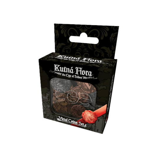 A box labeled "Kutná Hora: The City of Silver Metal Coins Set" by Czech Games Edition (CGE), showing ornate coins including Prague Groschen replicas, features a dark decorative design and "Metal Coins Set" text on the front.