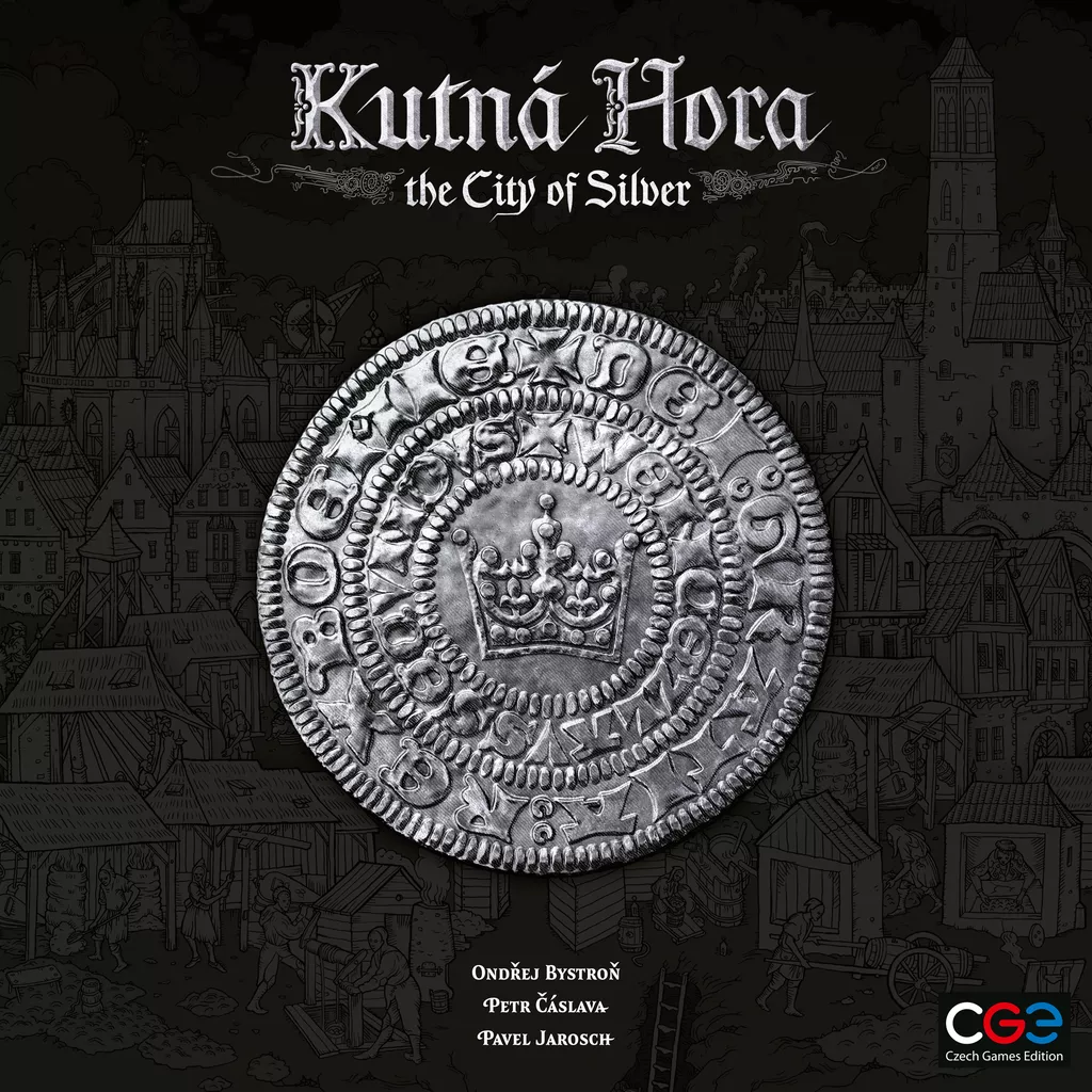 A silver coin is centered on a dark background with medieval architecture, reflecting the rich history of Kutná Hora. Above, “Kutná Hora: The City of Silver” by Czech Games Edition (CGE) titles this historical Eurogame city-building board game.
