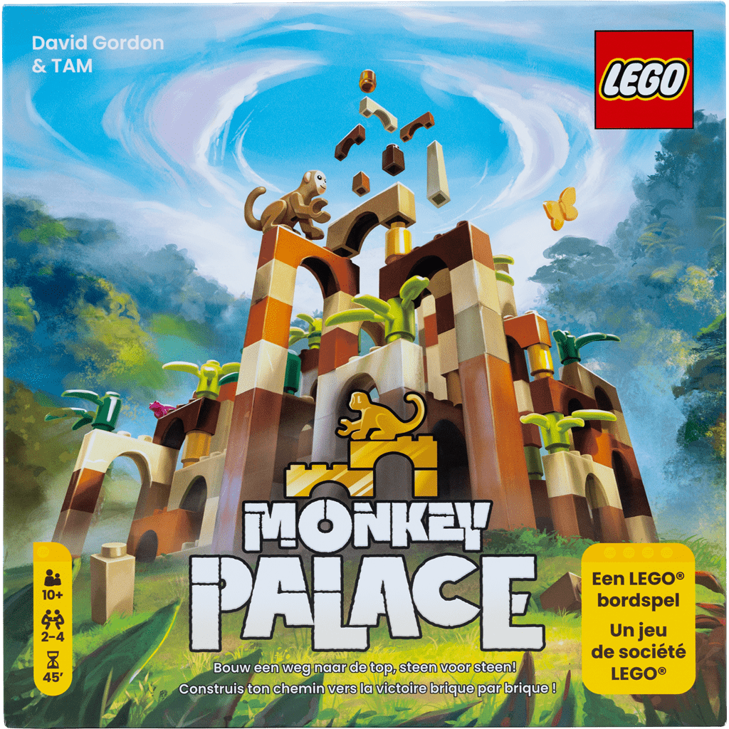 Dotted Games’ LEGO: Monkey Palace (NL/FR) features a kleurrijk paleis, a monkey figure atop, with stenen and bananen in the lucht. Strategisch bouwspel voor 2–4 spelers (45 min), leeftijd 10+. Box is perfect for fans of LEGO and gezelschapsspellen.