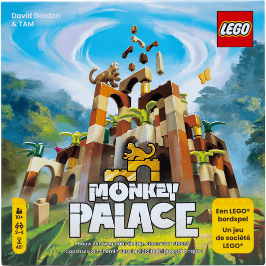 Dotted Games’ LEGO: Monkey Palace (NL/FR) features a kleurrijk paleis, a monkey figure atop, with stenen and bananen in the lucht. Strategisch bouwspel voor 2–4 spelers (45 min), leeftijd 10+. Box is perfect for fans of LEGO and gezelschapsspellen.