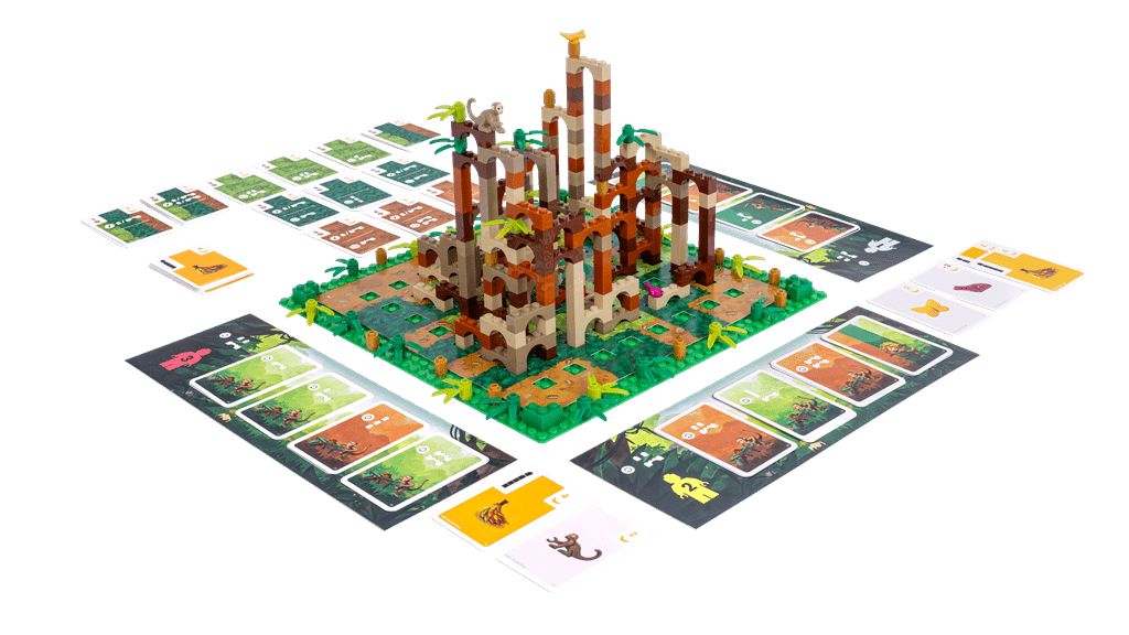 The LEGO: Monkey Palace (NL/FR) by Dotted Games features a 3D jungle structure built from interlocking pieces, animal figures, colorful cards, and player boards, all arranged neatly on a white background for a strategisch bouwspel.