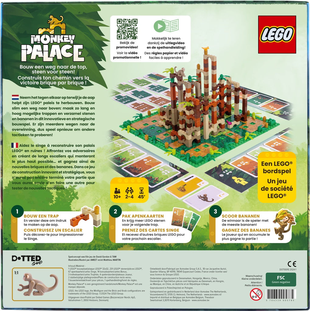 The back of the Dotted Games LEGO: Monkey Palace (NL/FR) box displays a jungle-themed strategy game with temple towers, cards, tokens, multilingual instructions, playful monkeys, stones, and bananas in lush greenery.