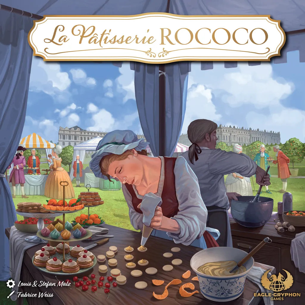 A pastry chef in 18th-century dress arranges desserts outdoors at the Versailles Garden Festival. Elegant buildings and guests fill the scene, with "La Pâtisserie Rococo" by Eagle-Gryphon Games featured at the top.