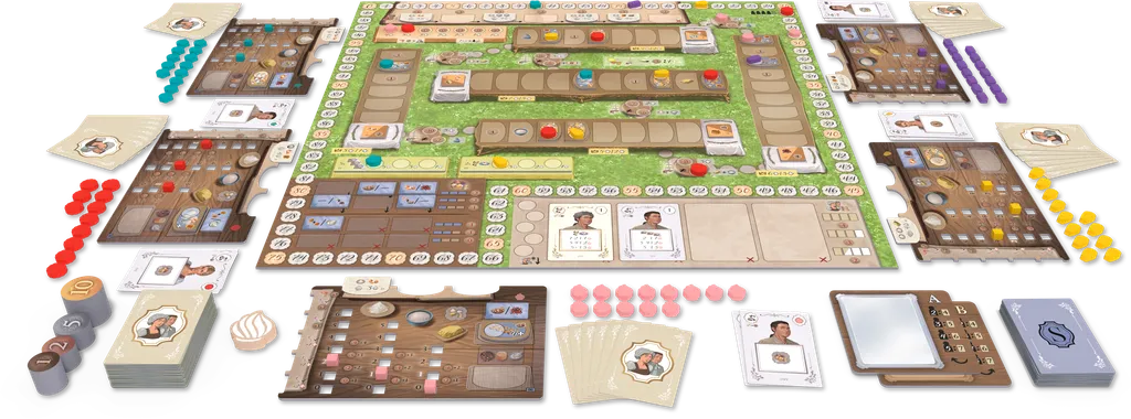 La Pâtisserie Rococo by Eagle-Gryphon Games is beautifully set up for four players, featuring a central board, cards, tokens, player boards, and pieces—everything you need to compete as pastry chefs at the Versailles Garden Festival.